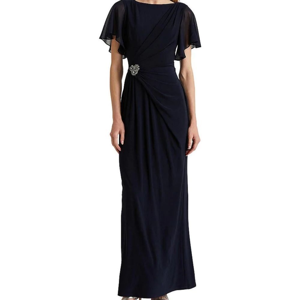 Lauren Ralph LaurenBoat Neck Flutter Short Sleeve Rhinestone Pin Ruched Gown